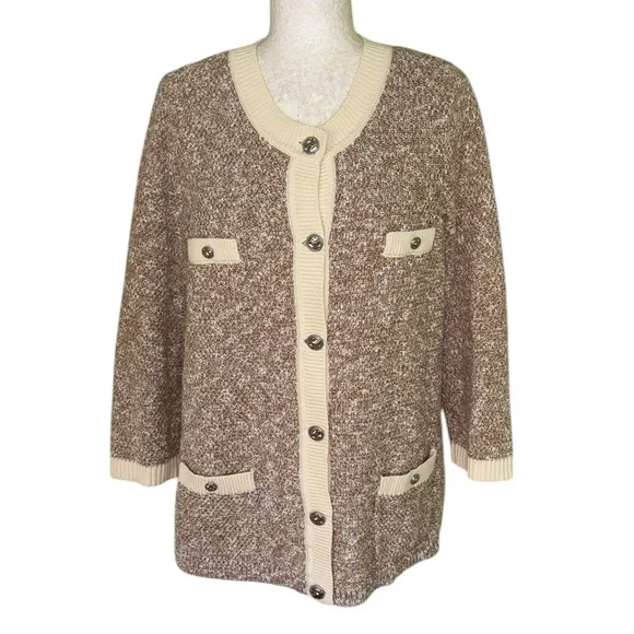 J. Jill Wearever Contrast Trimmed Knit Cardigan Jacket in Camel/Porcelain - M